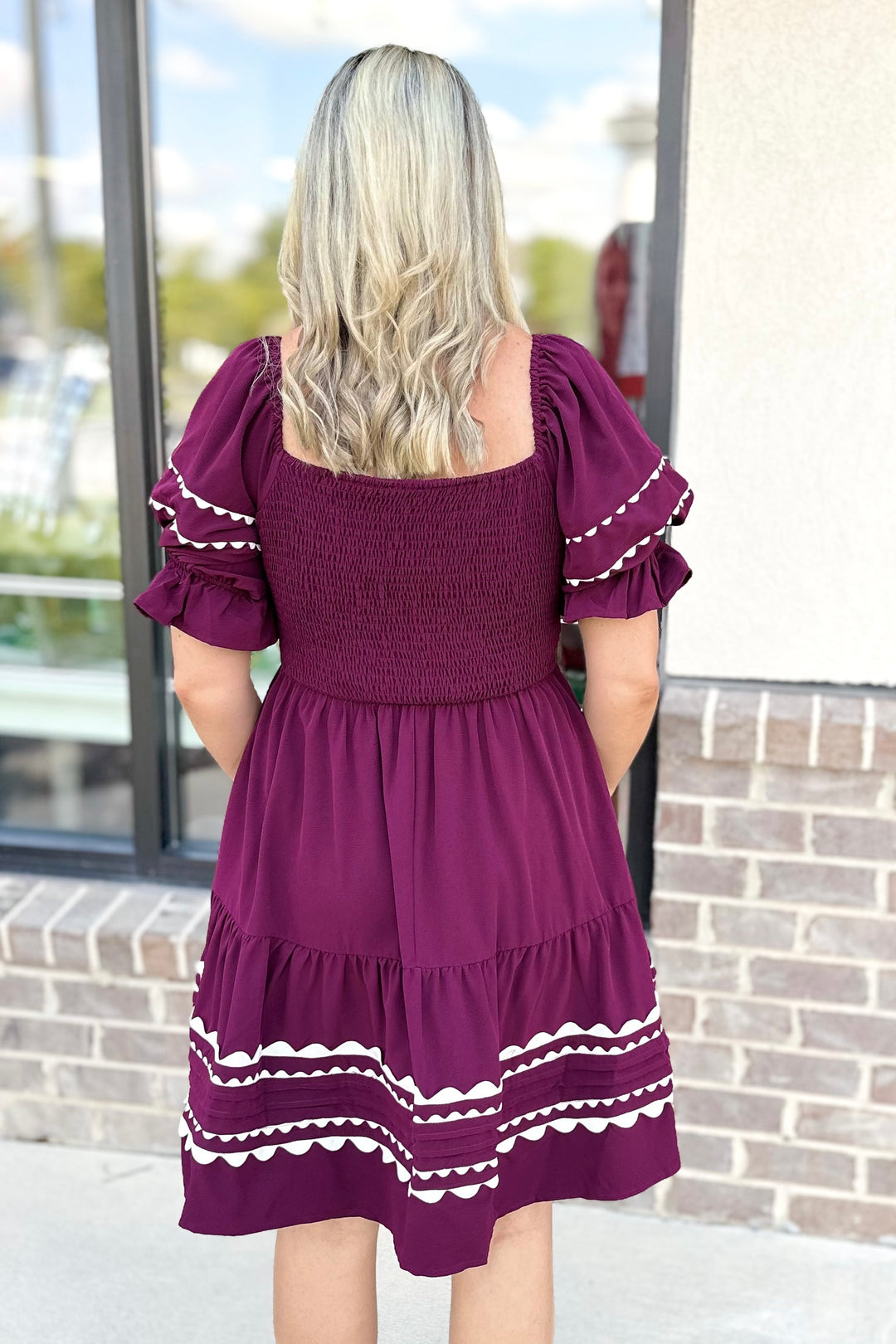 WINE RIC RAC TRIM TIERED DRESS