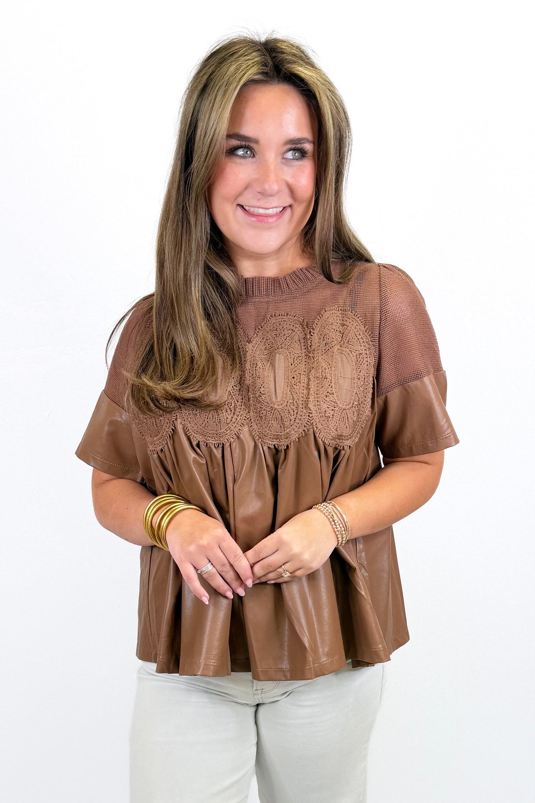 MOCHA LACE OVERLAY FAUX LEATHER BABYDOLL TOP