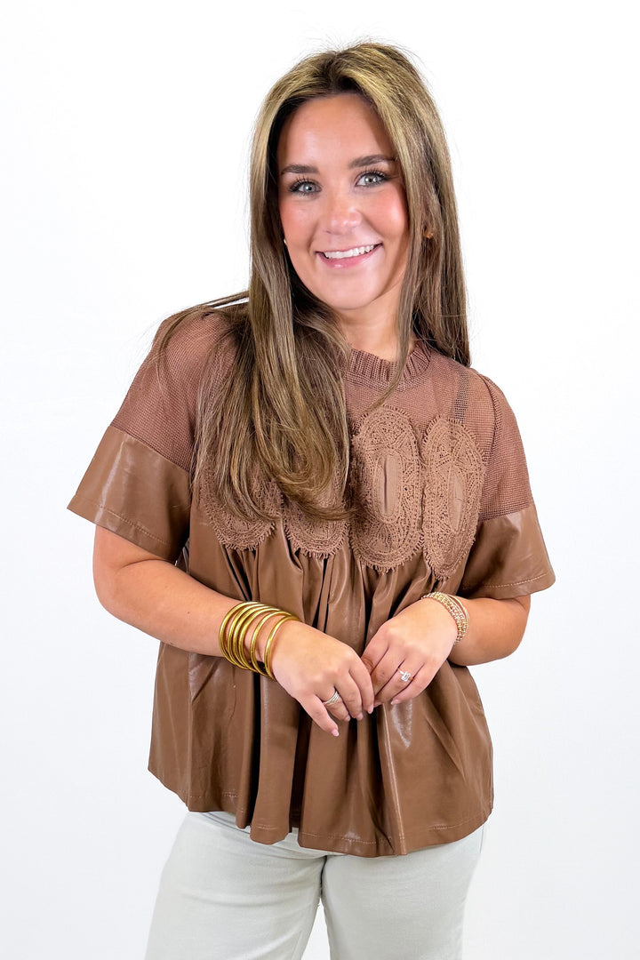 MOCHA LACE OVERLAY FAUX LEATHER BABYDOLL TOP