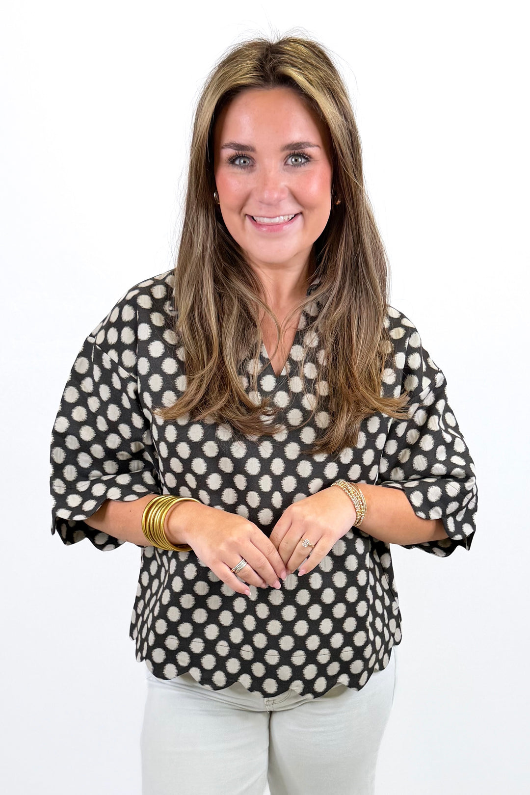BLACK &amp; CREAM POLKA DOT COLLAR TOP