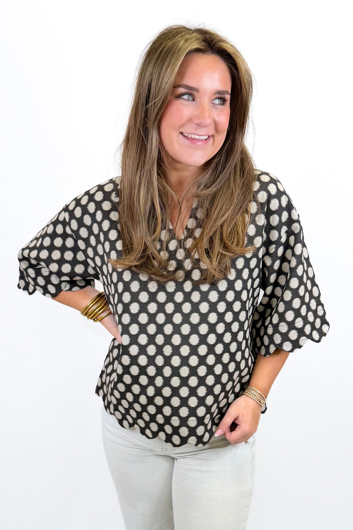 BLACK &amp; CREAM POLKA DOT COLLAR TOP