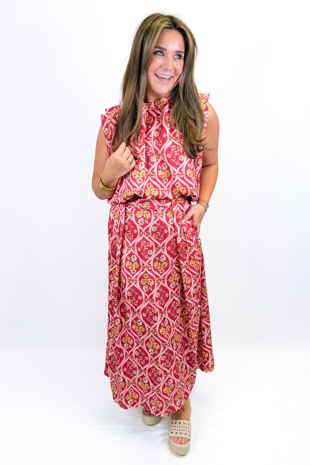 CHERRY FLORAL PLEATED MIDI SKIRT SET