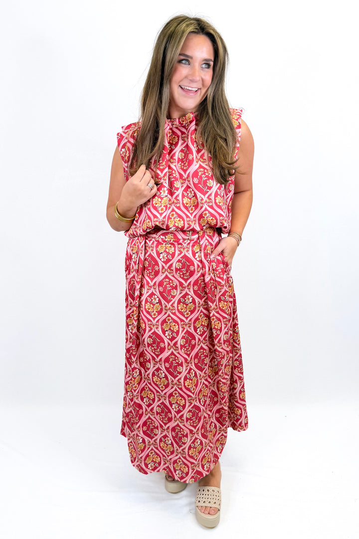 CHERRY FLORAL PLEATED MIDI SKIRT SET