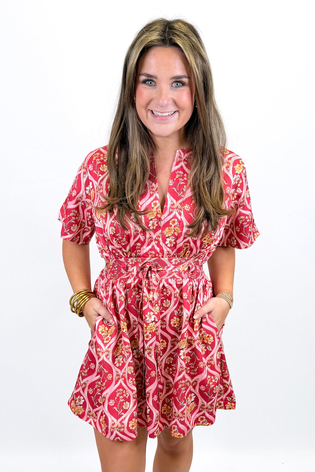 CHERRY FLORAL STITCH DETAIL DRESS