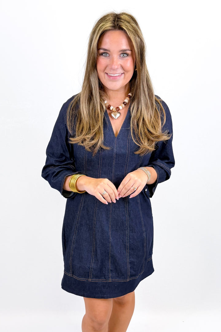 DENIM CONTRAST STITCHING LONG SLEEVE DRESS