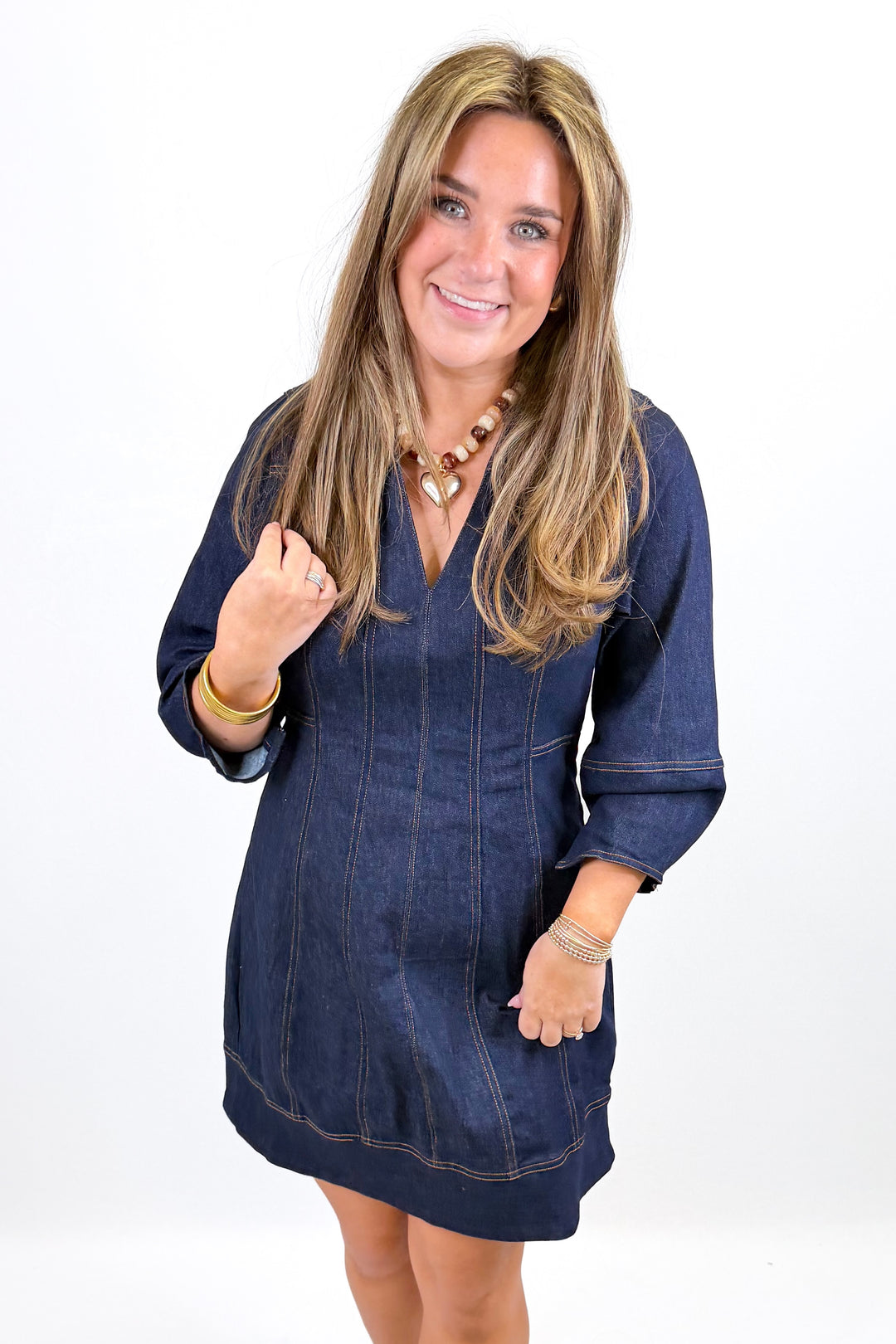 DENIM CONTRAST STITCHING LONG SLEEVE DRESS