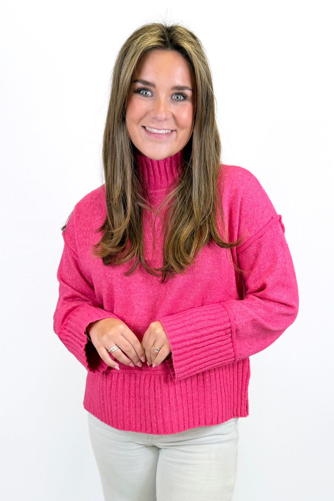 FUCHSIA RIB TRIM MOCK NECK SWEATER