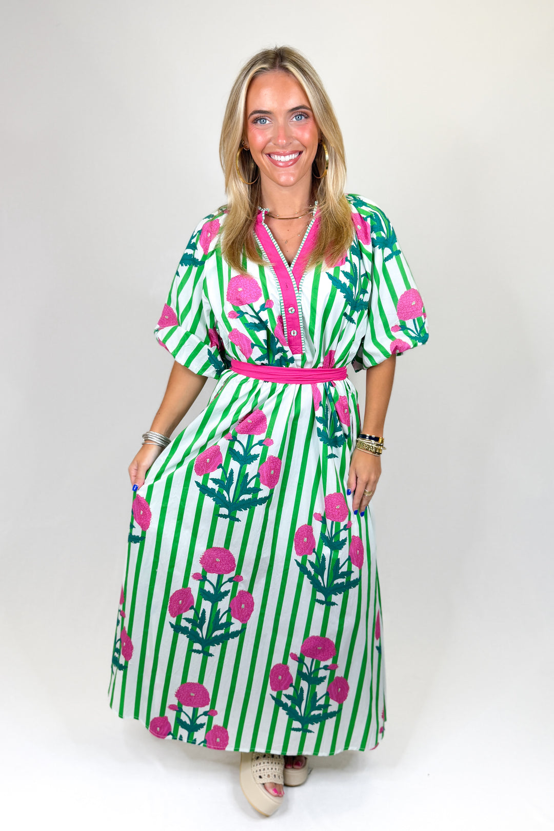 GREEN STRIPE & PINK FLORAL BELTED MAXI DRESS M