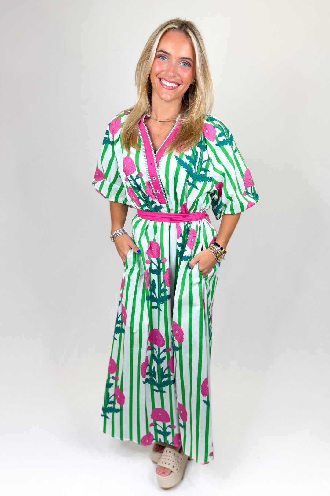 GREEN STRIPE & PINK FLORAL BELTED MAXI DRESS