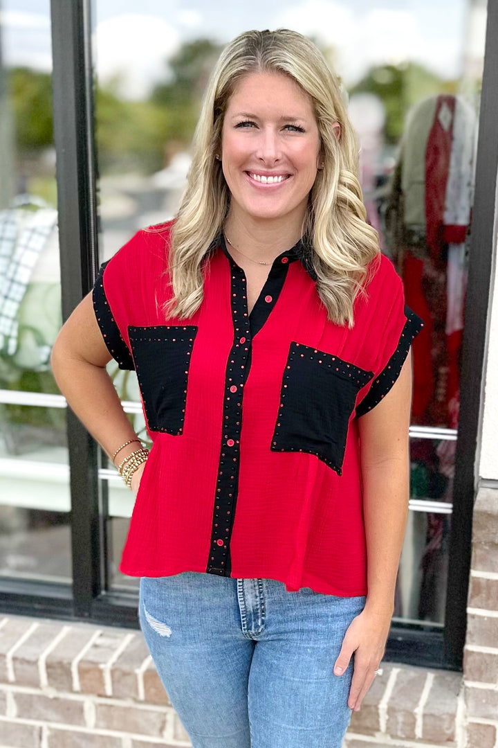 RED & BLACK RHINESTONE GAUZE BUTTON TOP