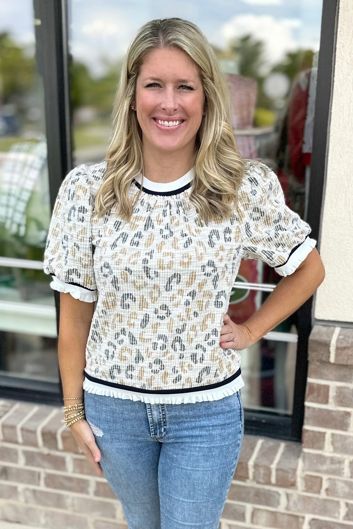 NAVY & MUSTARD LEOPARD TEXTURED SHORT SLEEVE TOP