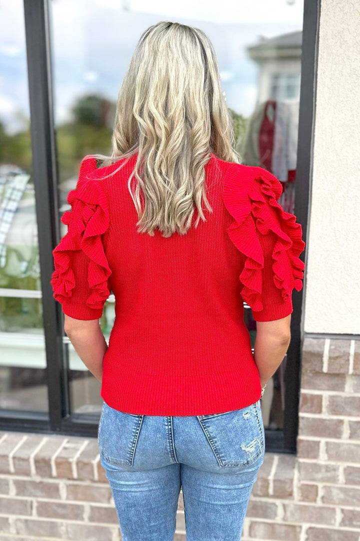 RED RUFFLE SHOULDER SHORT SLEEVE SWEATER