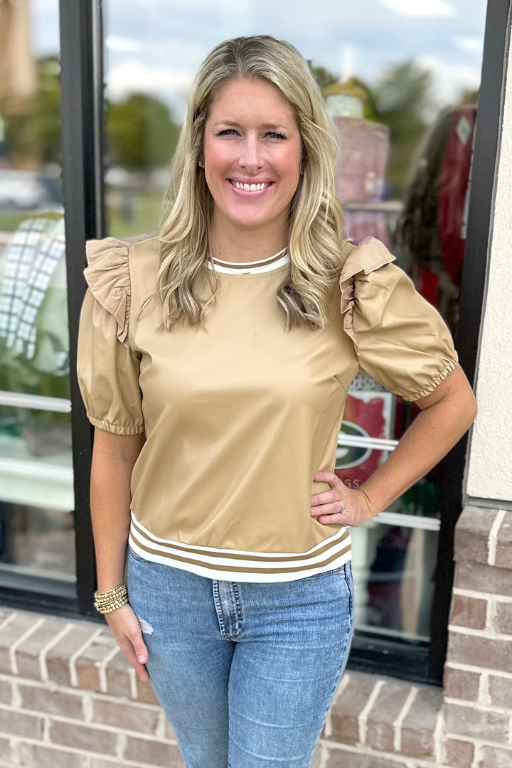 TAUPE FAUX LEATHER RUFFLE STRIPE TRIM TOP