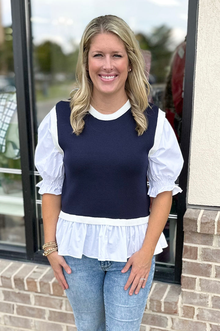 NAVY LAYERED SWEATER VEST TOP