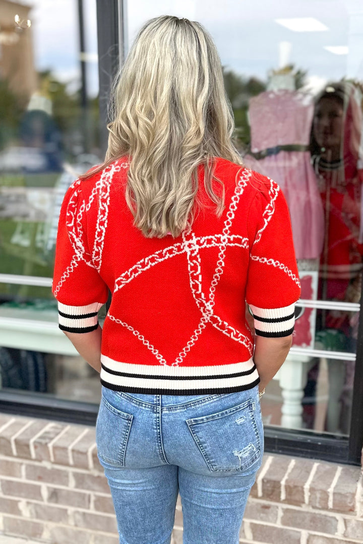 RED & BLACK CHAIN PRINT SHORT SLEEVE SWEATER