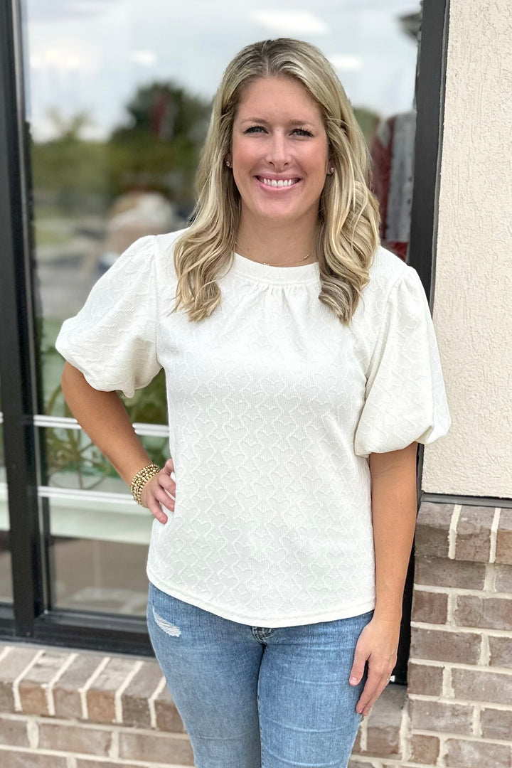 IVORY HEART TEXTURED PUFF SLEEVE TOP