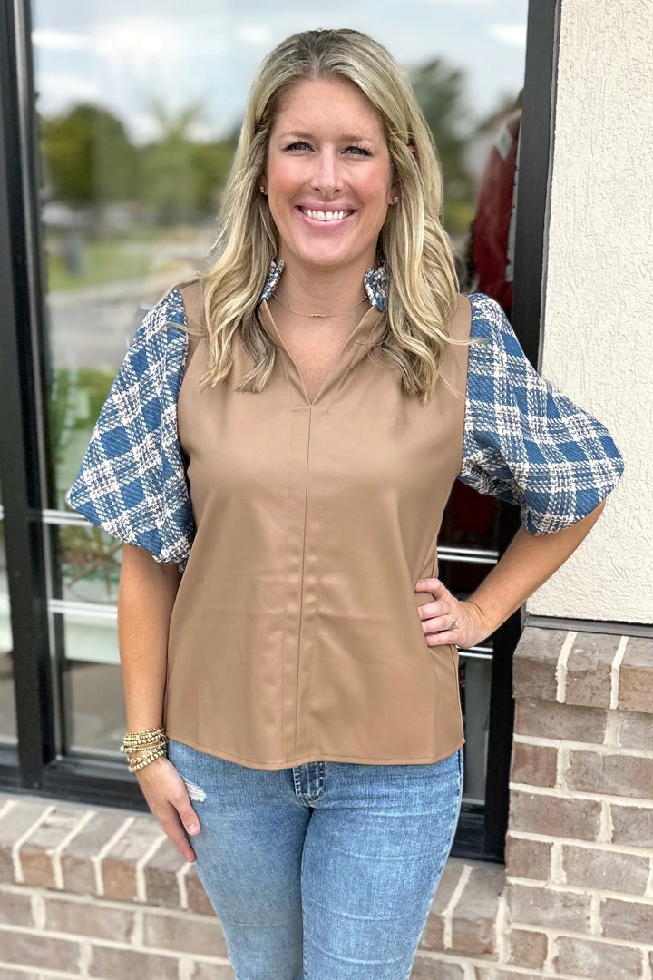 BEIGE FAUX LEATHER & BLUE TWEED PUFF SLEEVE TOP