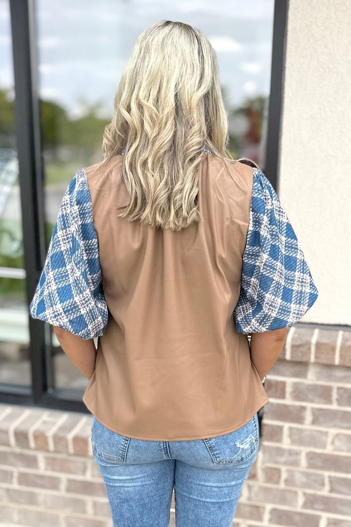 BEIGE FAUX LEATHER & BLUE TWEED PUFF SLEEVE TOP