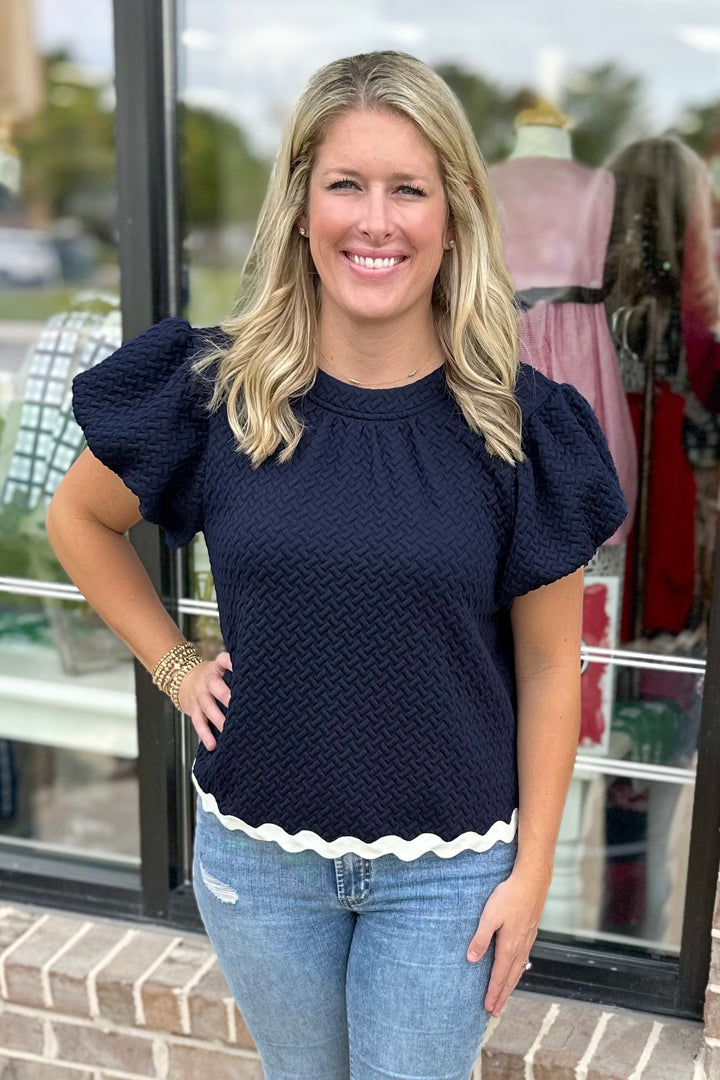 NAVY TEXTURED RIC RAC TRIM TOP