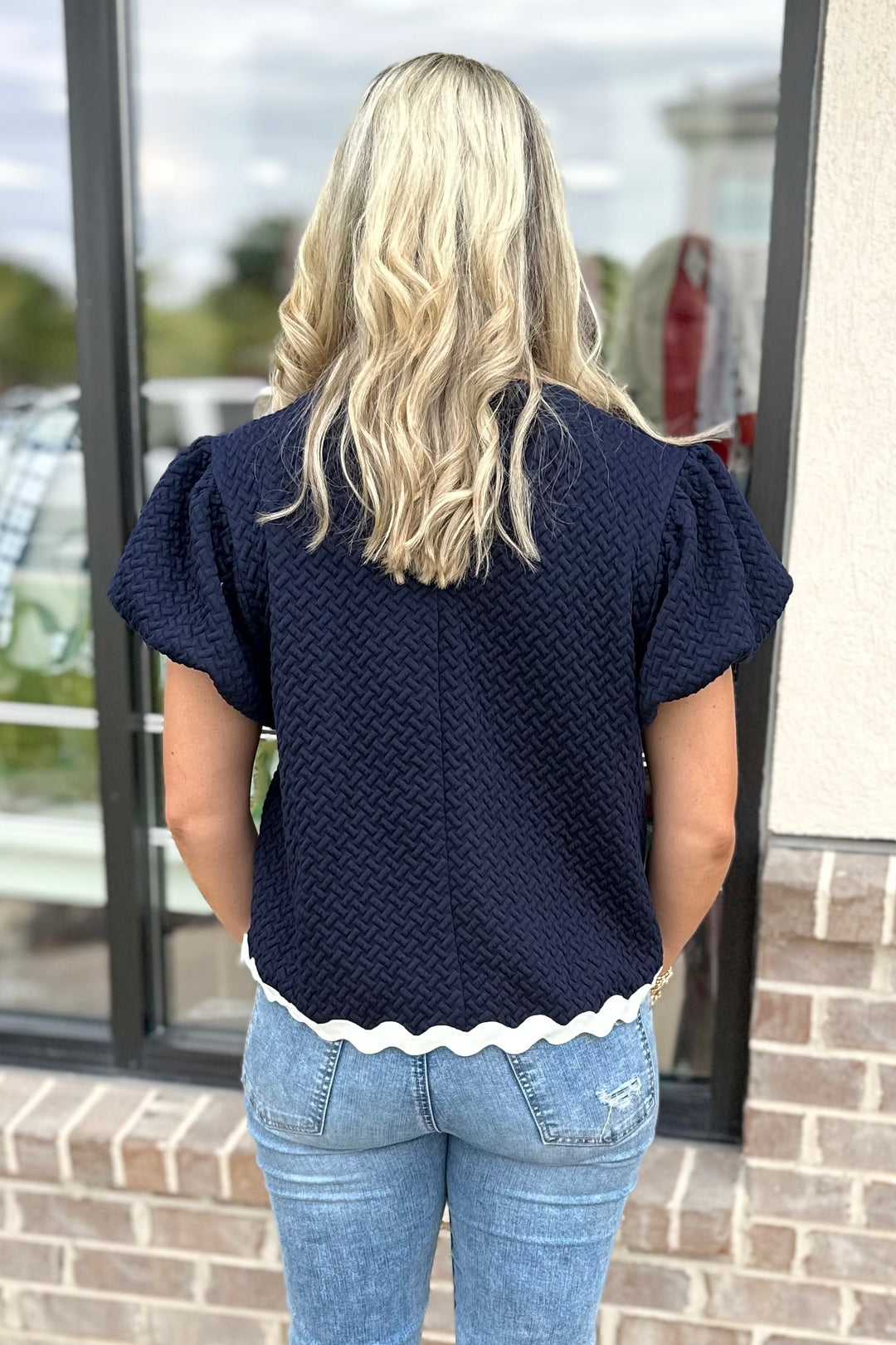 NAVY TEXTURED RIC RAC TRIM TOP