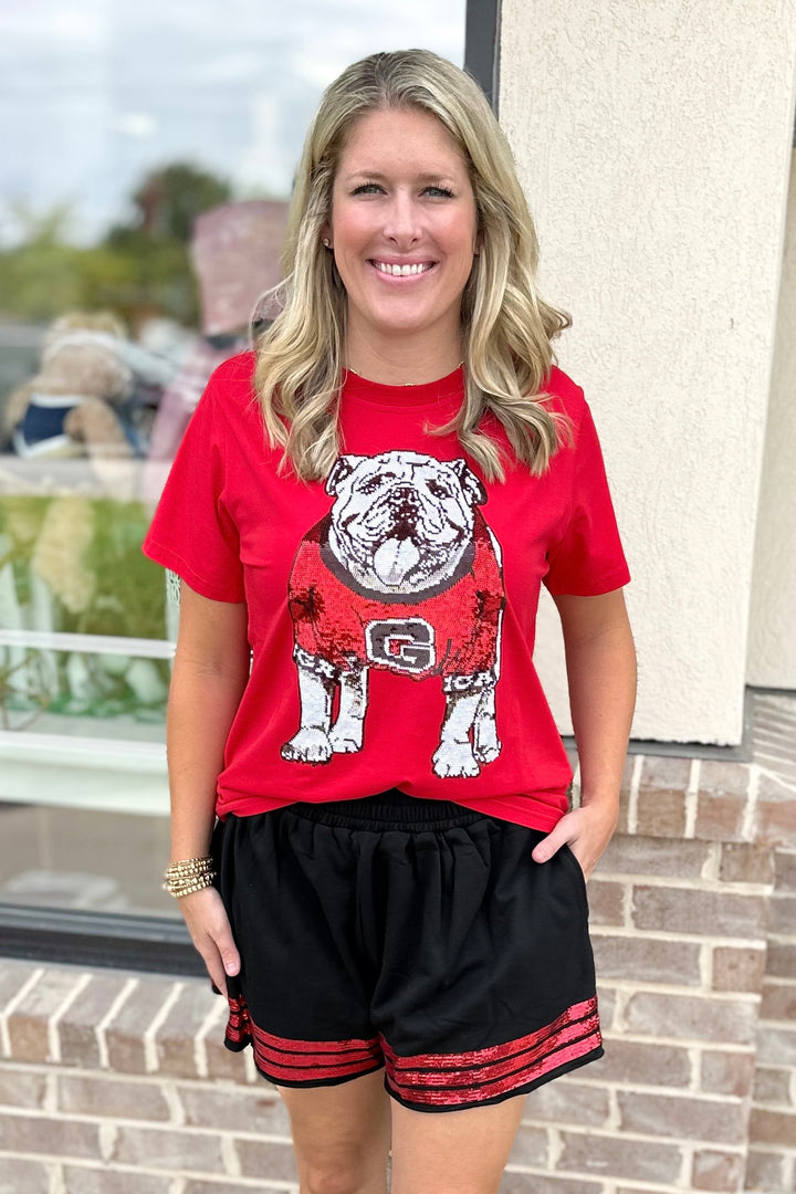 BLACK & RED SEQUIN STRIPE TRIM SHORTS