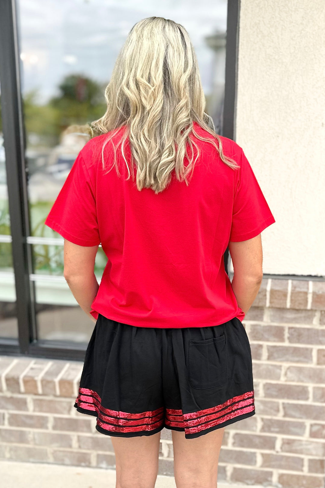 BLACK & RED SEQUIN STRIPE TRIM SHORTS