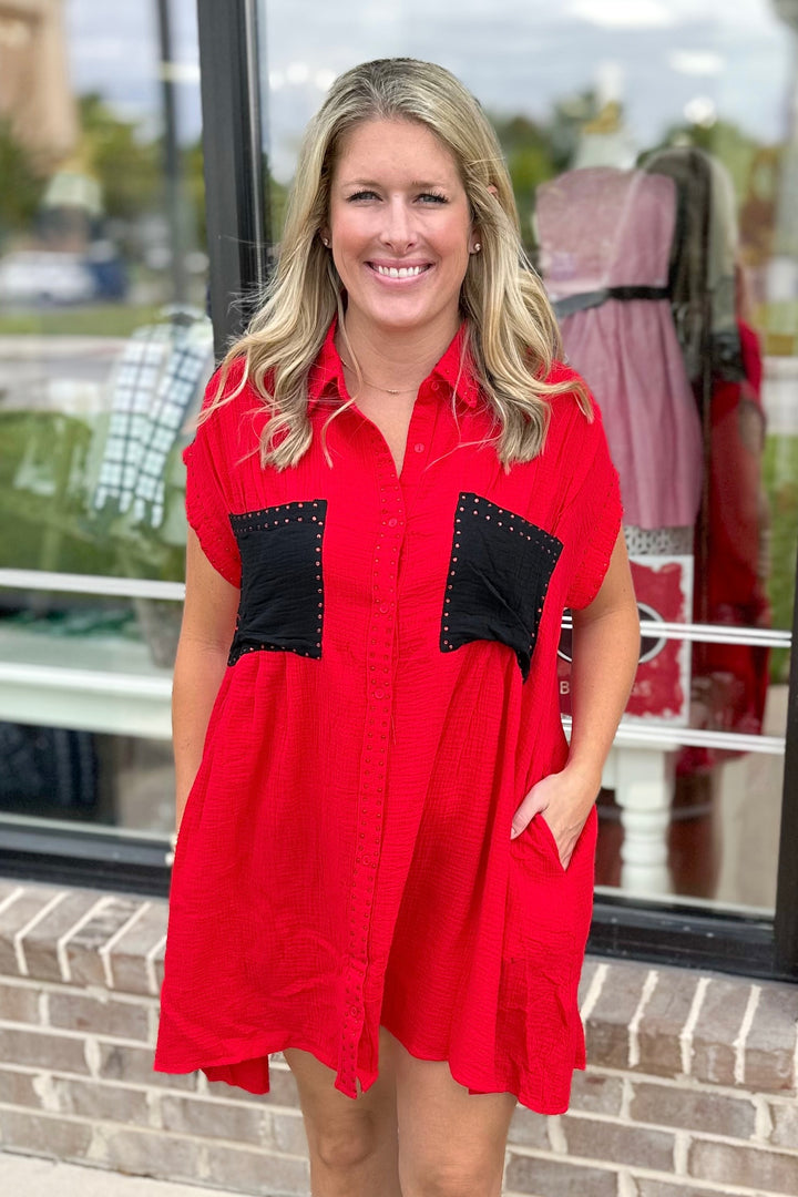 RED & BLACK RHINESTONE GAUZE BUTTON DRESS