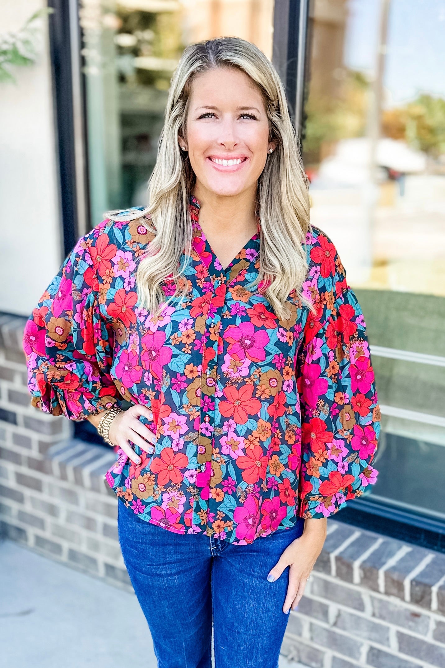 TEAL FUCHSIA FLORAL BUBBLE SLEEVE TOP