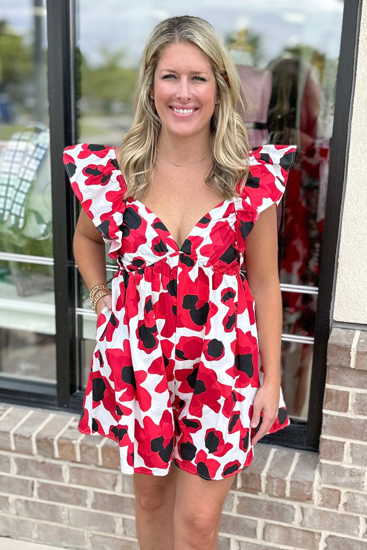 RED & BLACK LEOPARD RUFFLE TIE BACK ROMPER