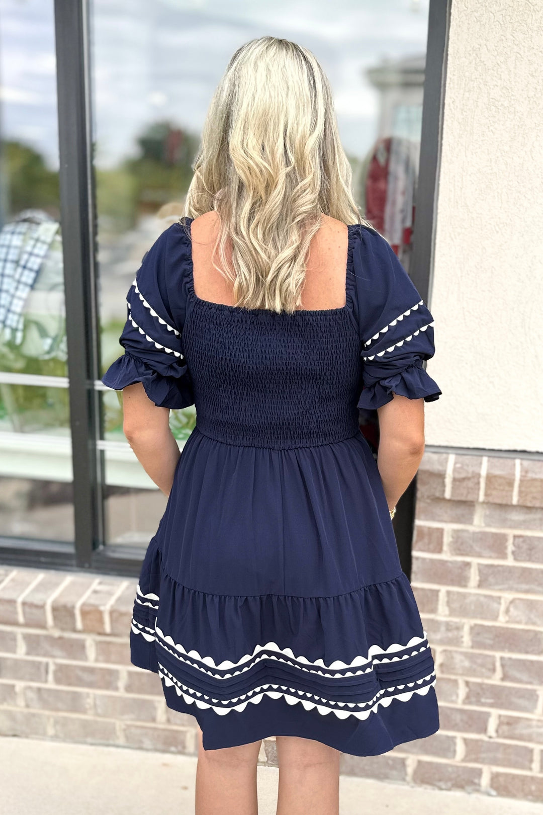 NAVY RIC RAC TRIM TIERED DRESS