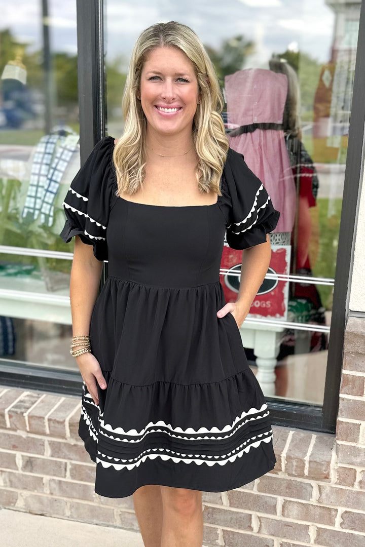 BLACK RIC RAC TRIM TIERED DRESS