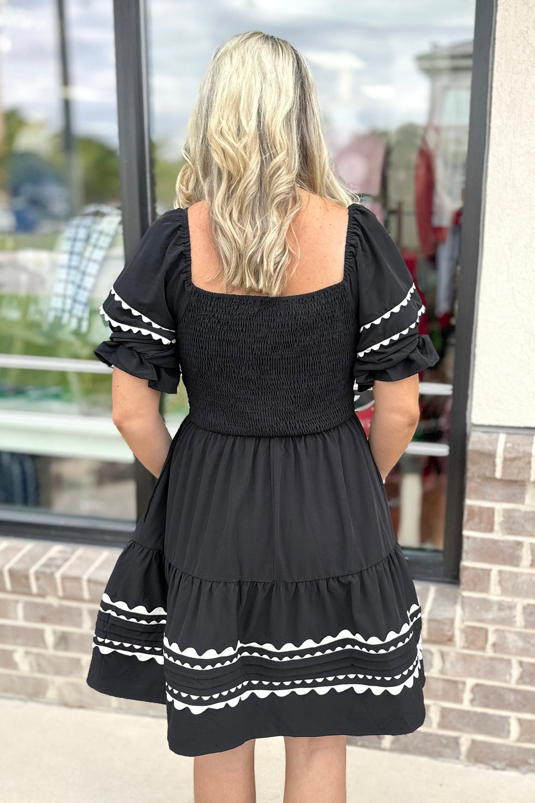 BLACK RIC RAC TRIM TIERED DRESS