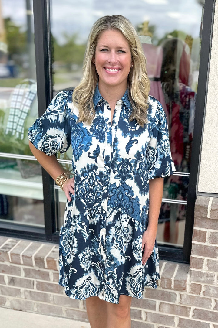 NAVY DAMASK PRINT BUTTON DRESS