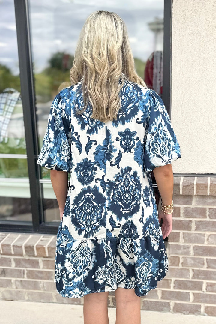 NAVY DAMASK PRINT BUTTON DRESS