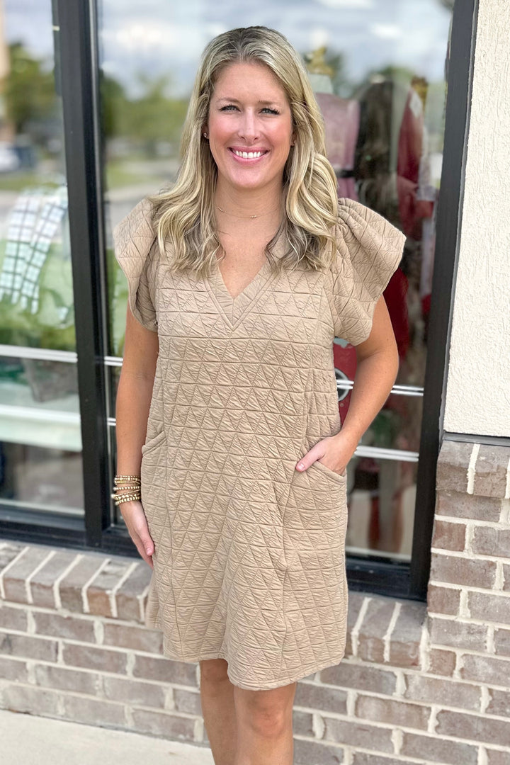 CAMEL QUILTED VNECK SHIFT DRESS