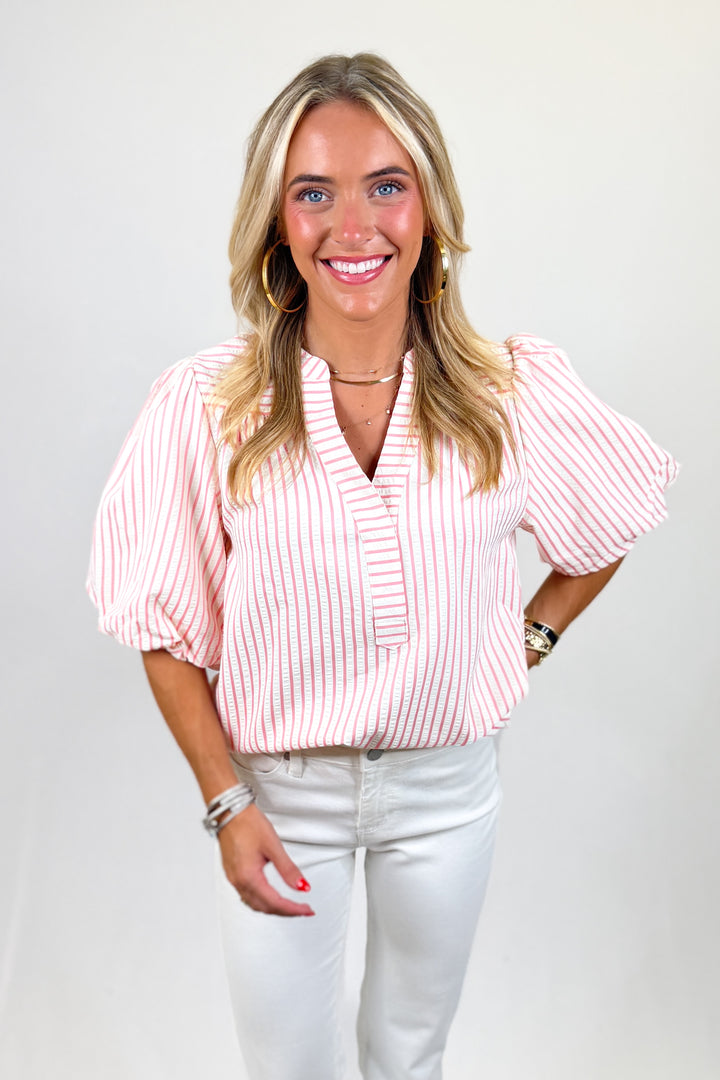 PINK STRIPE VNECK PUFF SLEEVE TOP