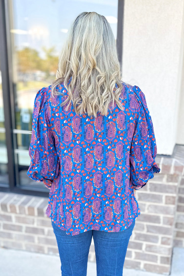 EMILY LOVELOCK: BLUE PAISLEY HAILEY TOP