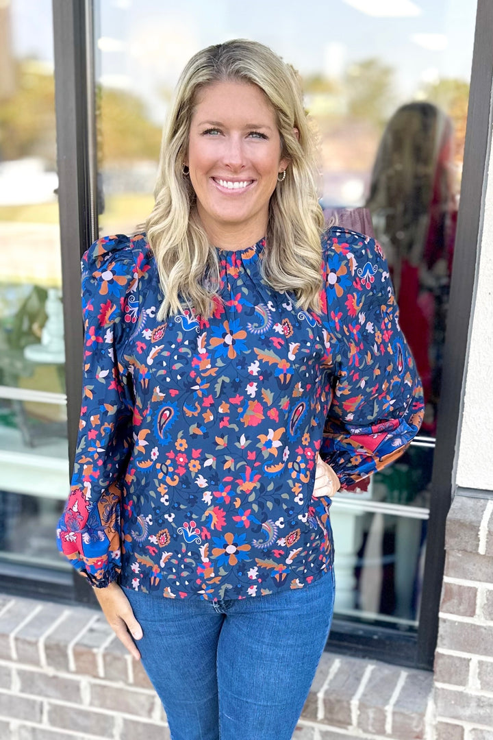 EMILY LOVELOCK: MIDNIGHT BLUE FLORAL PAISLEY LILLY BLOUSE