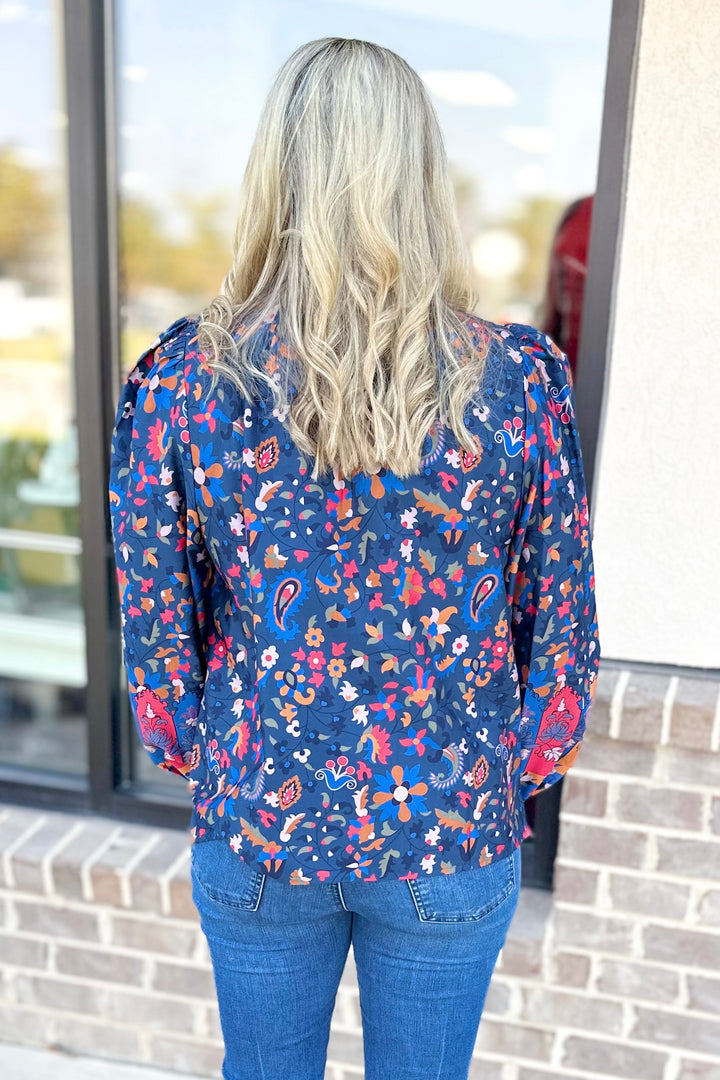 EMILY LOVELOCK: MIDNIGHT BLUE FLORAL PAISLEY LILLY BLOUSE