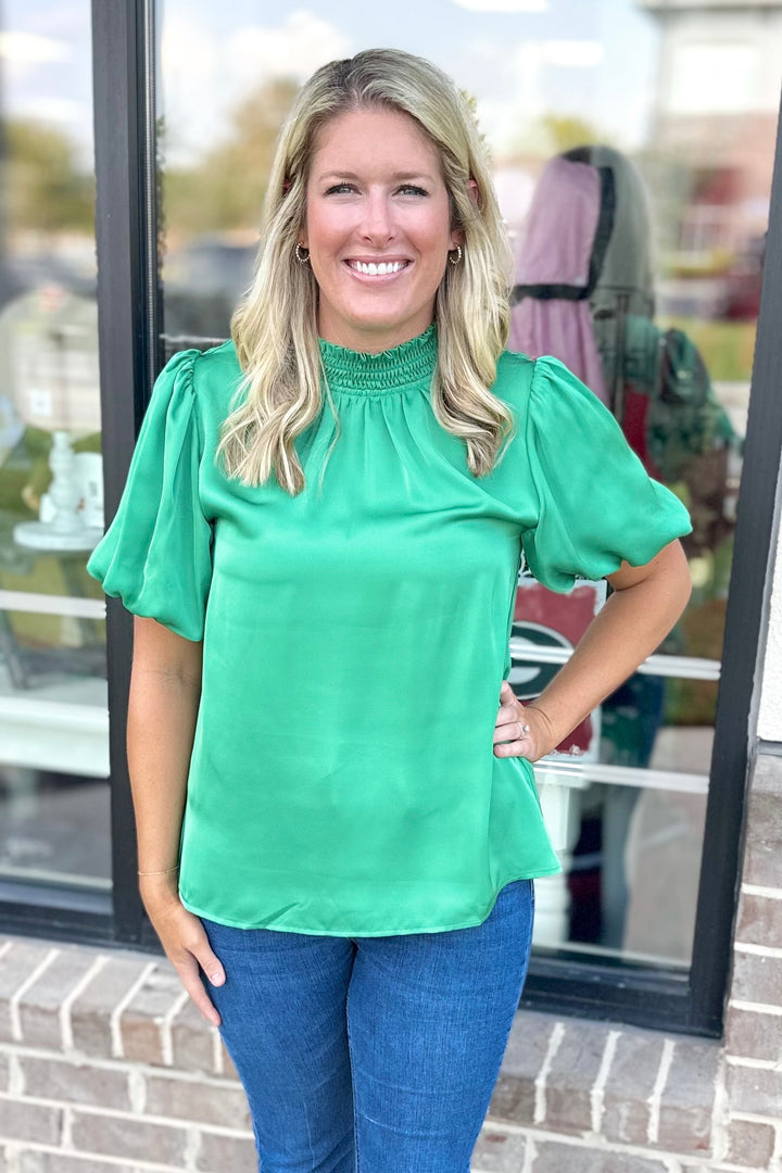 GREEN SATIN SMOCKED MOCK NECK TOP