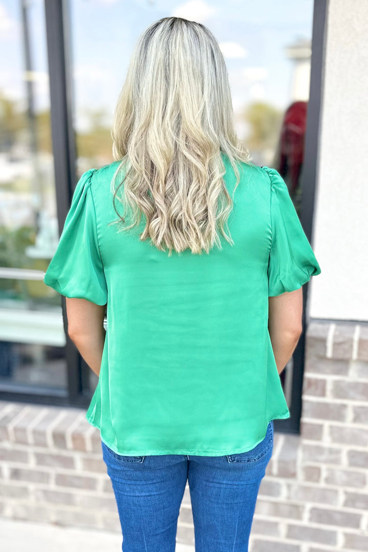 GREEN SATIN SMOCKED MOCK NECK TOP