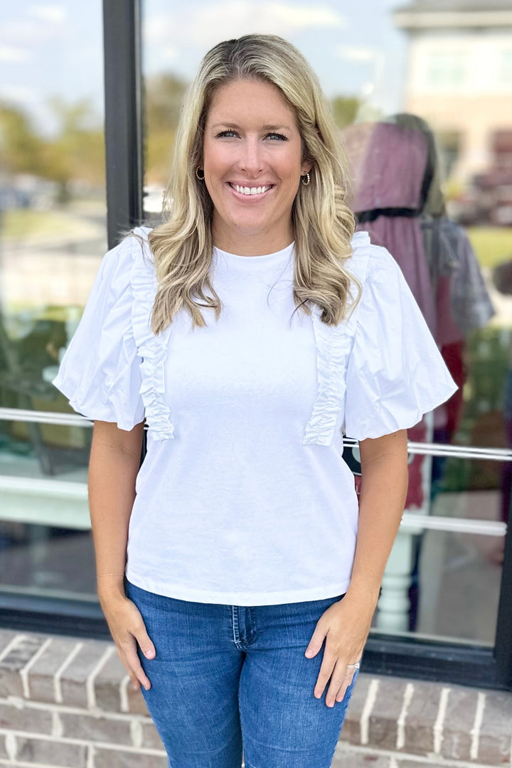 WHITE RUFFLE DETAIL PUFF SLEEVE TOP