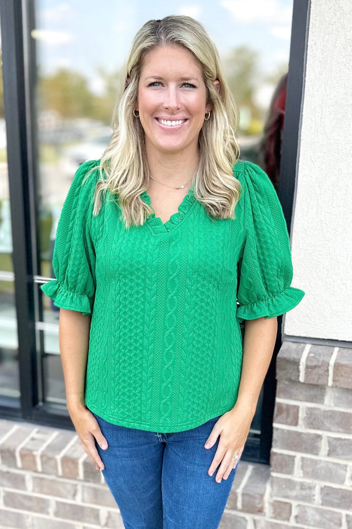 GREEN CABLE TEXTURED RUFFLE VNECK TOP