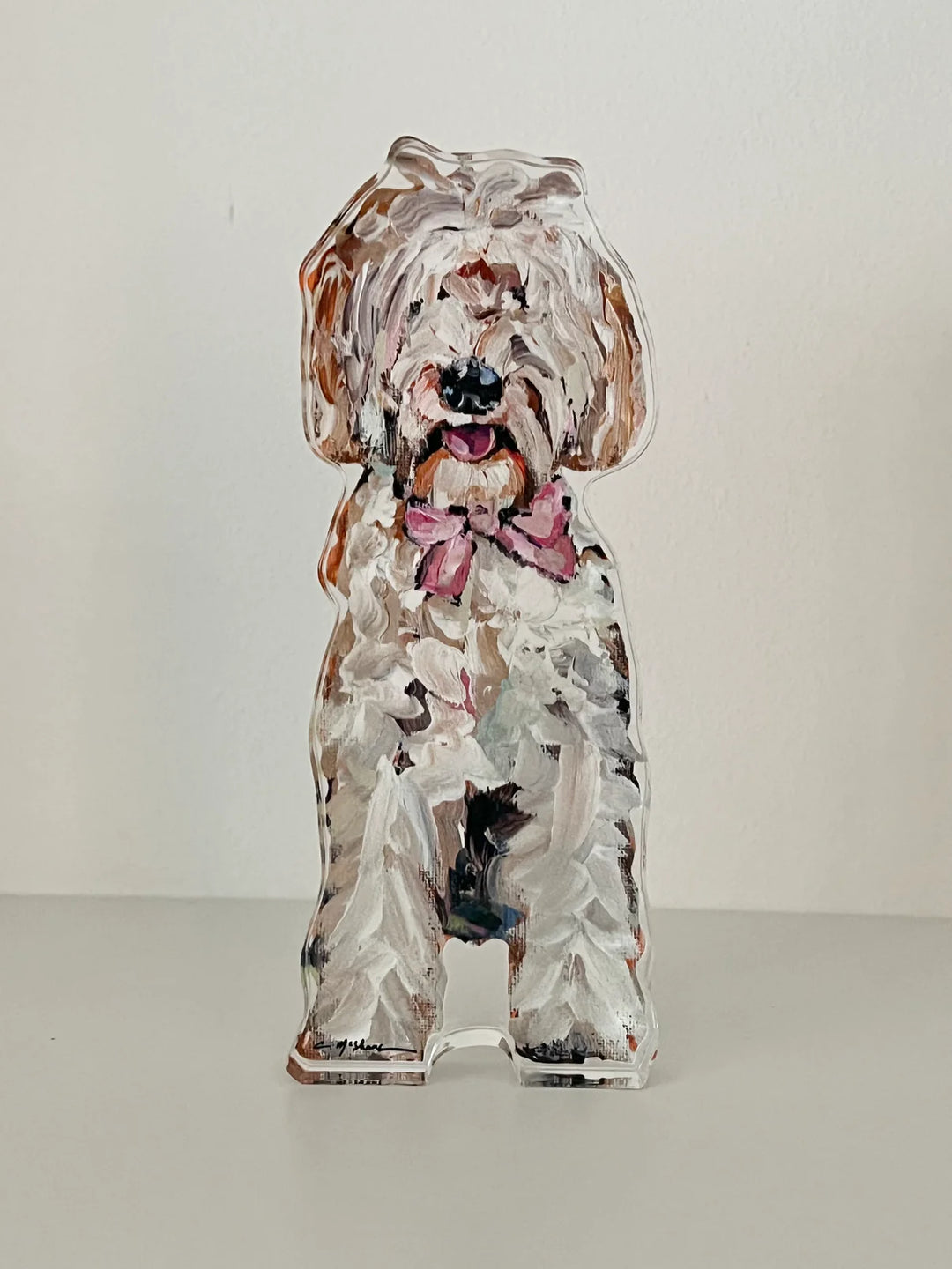 GOLDEN DOODLE WITH PINK BOW ACRYLIC BLOCK