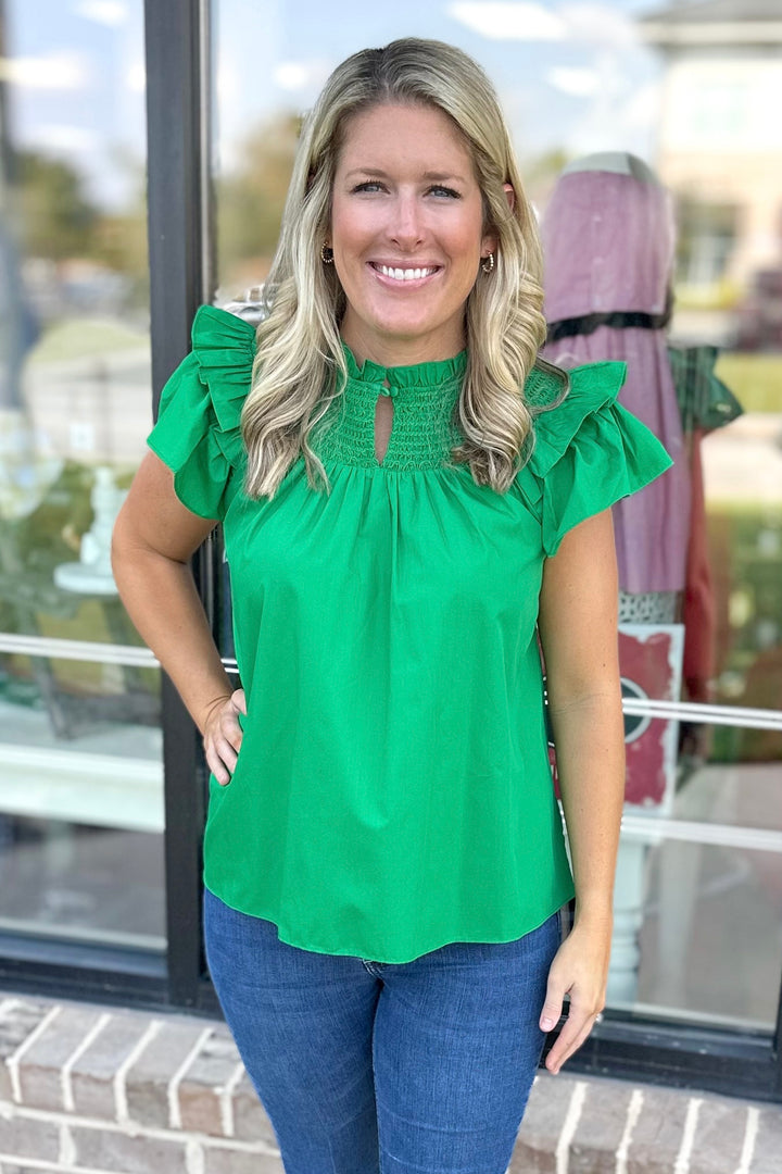 KELLY GREEN SMOCKED RUFFLE NECKLINE TOP