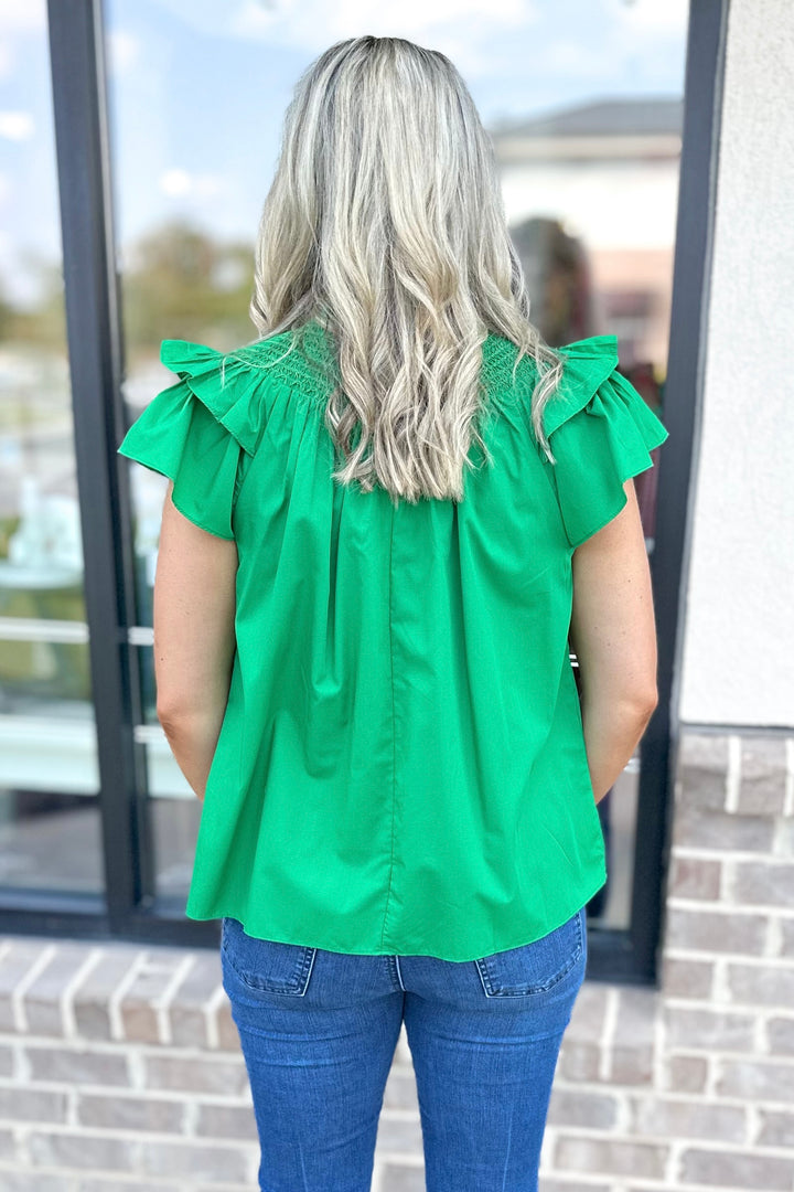 KELLY GREEN SMOCKED RUFFLE NECKLINE TOP