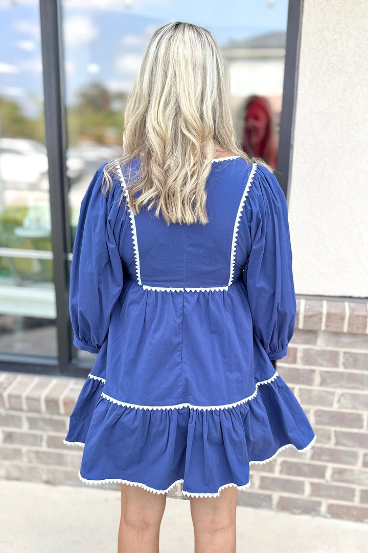 NAVY TRIM EMBELLISHED TIERED DRESS