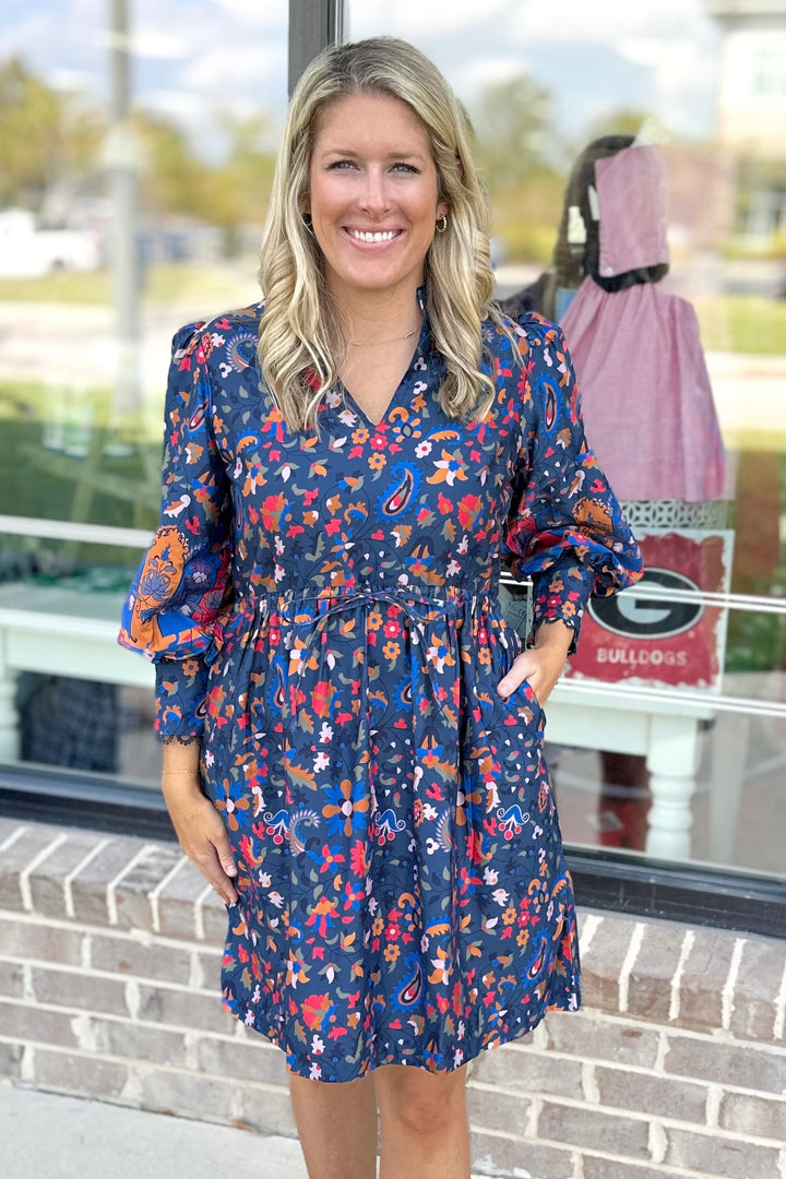 EMILY LOVELOCK: BLUE FLORAL PAISLEY NAREEN DRESS