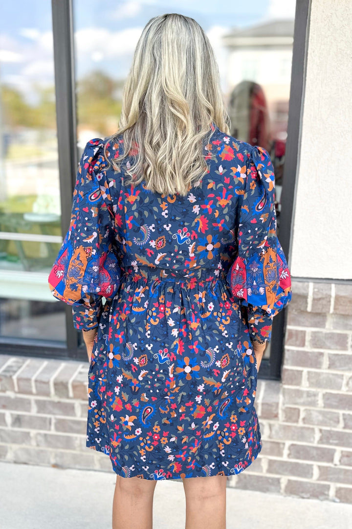 EMILY LOVELOCK: BLUE FLORAL PAISLEY NAREEN DRESS