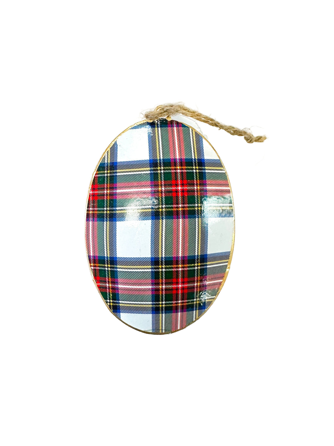 Plaid-patterned reverse side of Christmas cardinal ornament.